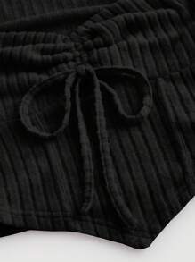 SHEIN MOD Black Bell Sleeves Drawstring Texture Women's Long Sleeve T-Shirt With Asymmetric Hemline
