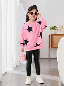 SHEIN 2pcs/Set Young Girl Sporty And Sweet Love Print Printed Knitted Round Neck Sweatshirt With Leggings, Buy 1 Get 1 Free, Great For Casual & Daily Wear & School Daily In Spring And Autumn,Valentine's Day,Mom And Daughter Matching,Sister And Me Matching