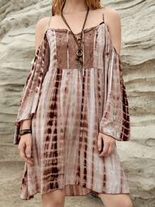 Bohemela Vestido Con Mangas Acampanadas Y Hombros Descubiertos De Diseño Tie-dye
