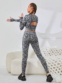 SHEIN Female Teenagers Seamless Leopard Print Back Hollow T-shirt And Pants Two-piece Set