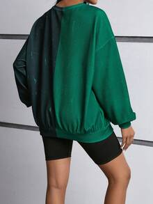 SHEIN EZwear 蝴蝶和文本印花拼色針織休閒運動衫 - 綠色 - 查看 2