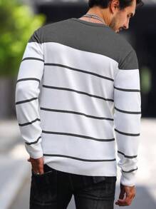 Manfinity Homme 男士拼色条纹修身毛衣、男士长袖条纹、男士黑白条纹衬衫、男士条纹毛衣、男士条纹上衣、男士长袖条纹衬衫 - 灰色 - 查看 2