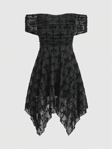 ROMWE Goth 哥特式不对称下摆花卉植绒修身 A 字型女式连衣裙，带有性感褶皱露肩设计 - 黑色 - 查看 1