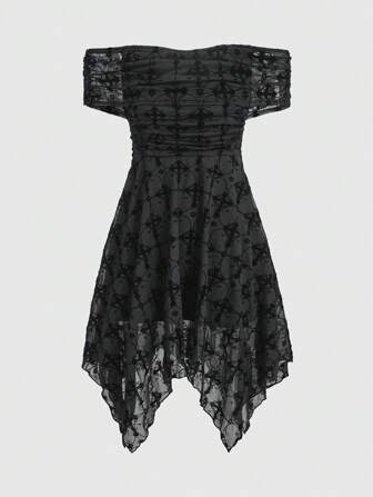 Goth Vestido ajustado de estilo gótico para mujeres con bajo asimétrico, con estampado floral y efecto floccado, con diseño sexy de hombros descubiertos y fruncidos