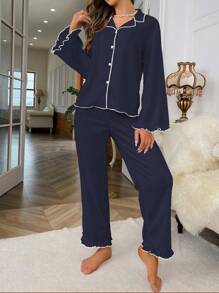 Ladies' Contrast Lettuce Trim Bell Sleeve Pajama Set, Fall Winter Clothes Cozy And Elegant Details - Navy Blue - View 6
