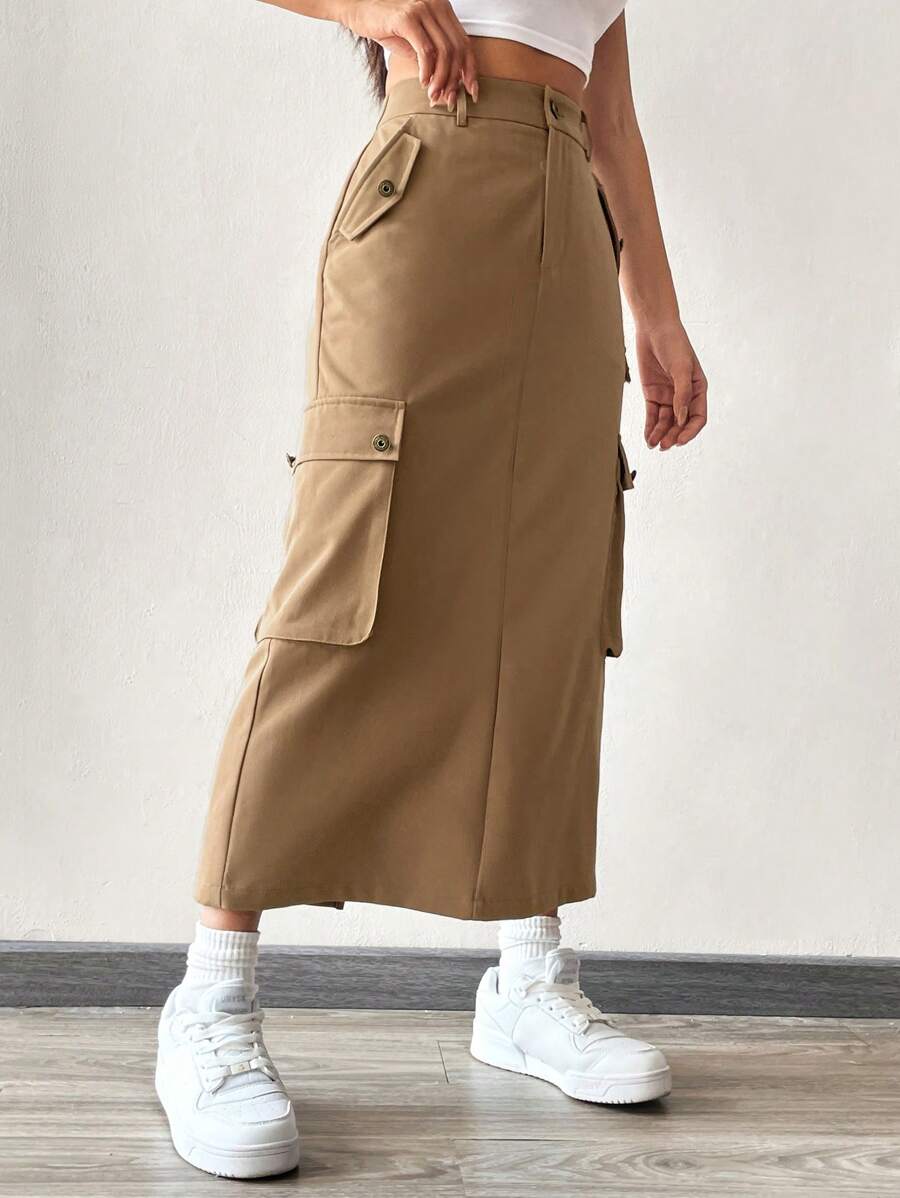 SHEIN EZwear 卡其色梭織女式工裝袋半身裙 - 卡其色 - 查看 1