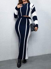 Celure Plus Size Crew Neck Striped Sweater And Knitted Skirt Two-Piece Set - Navy Blue - View 3