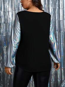 SHEIN LUNE Plus Size Colorblock V-neck Blouse - Black - View 2