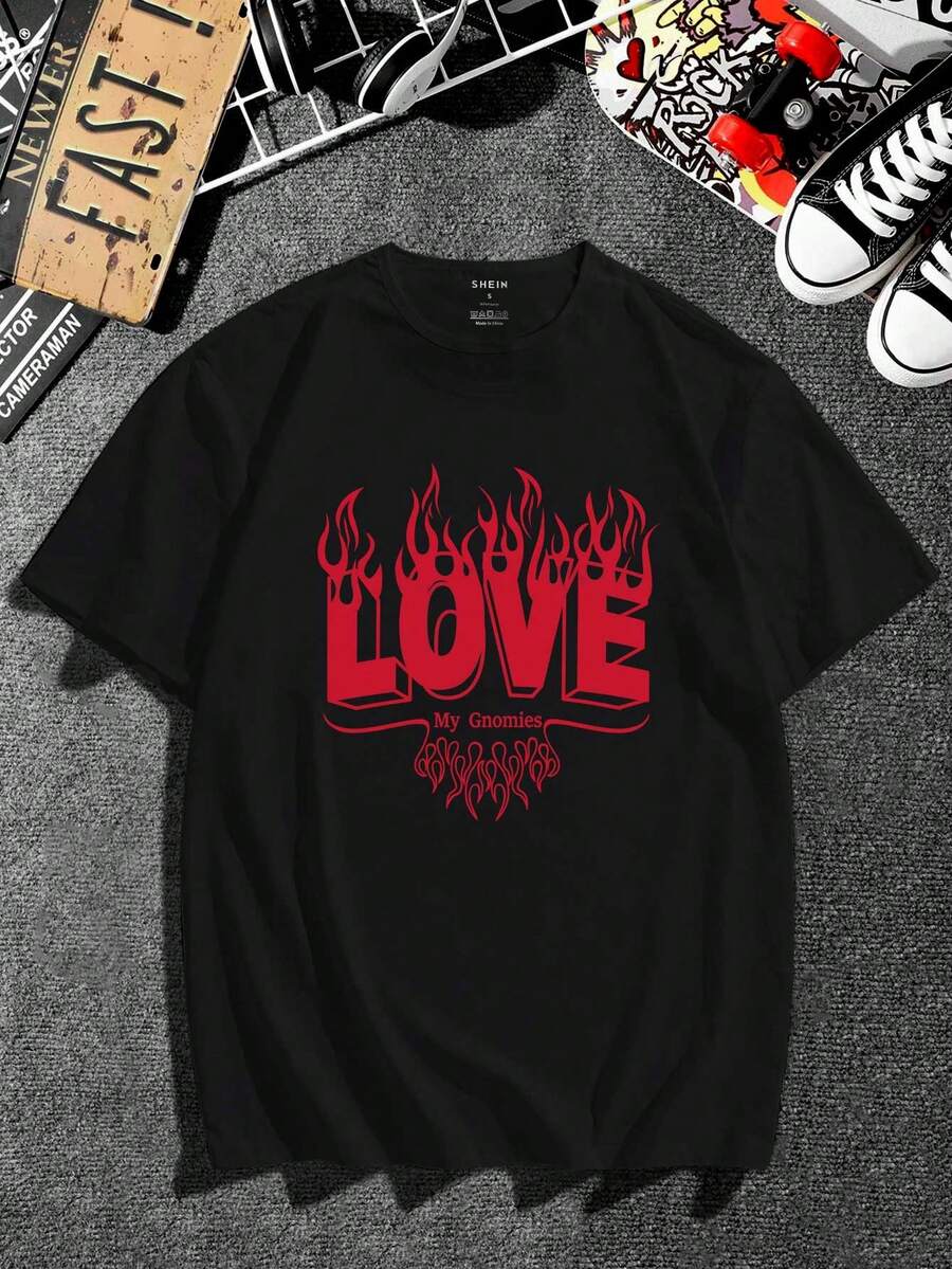 Men's Letter And Flame Printed Short Sleeve T-shirt - Black - View 1