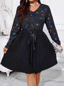 Calvaya 女士大碼星星圖案腰帶v領洋裝 - 黑色 - 查看 1