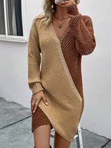 SHEIN Essnce 落肩 V 領交叉裹身毛衣連身裙 - 駝色 - 查看 6