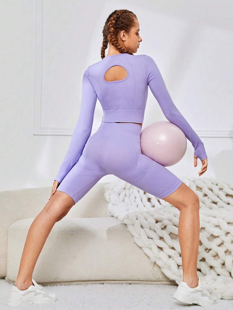 Seamless Back Hollow Out Top & Shorts Sports Set For Teen Girls