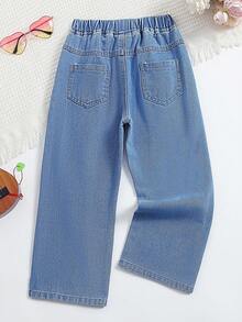 Vaqueros Rasgados De Pierna Recta Con Estampado De Corazones De Moda Para Niñas Pequeñas - Lavado ligero - Ver 2