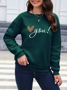 SHEIN LUNE 印有心形和字母的垂墜肩運動衫 - 墨綠色 - 查看 5