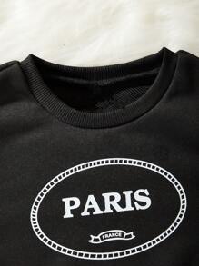 Baby Girls' Casual Comfortable Letter Print Long Sleeve Round Neck Sweatshirt And Faux Leather Tight Pants Set With Elastic Waistband - Black - View 3
