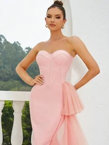 Women Bandage Dress Minimalist Sexy Tube Top Backless Ruffle Bodycon Dress - Baby Pink - View 3