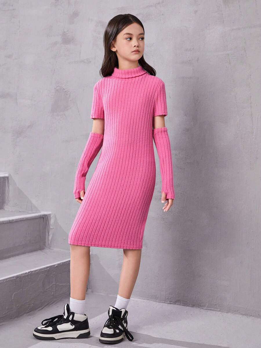 Tween Girl Daily Sweet & Cool Solid Color Knit Short Sleeve Dress With