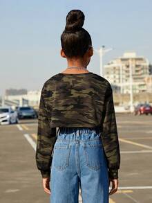 Cô gái Tween Phong cách đường phố Camo Ngắn Áo len crop Với Áo ba lỗ - Nhiều màu - Xem 2