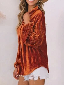 Astylish Solid Velvet Long Sleeve Lapel Button Down Shirts - Rust Brown - View 4