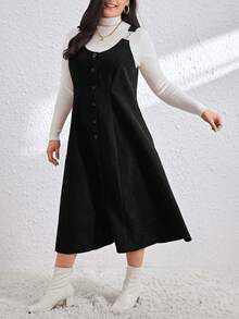 SHEIN Essnce 女士加大碼灰色條紋緞面扣鏈細節無袖洋裝 - 黑色 - 查看 4