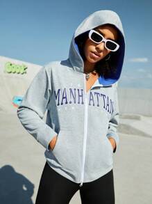 Streetz SHEIN Sport Text Printed Zipper Hooded Sports Sweatshirt - Grey - View 6
