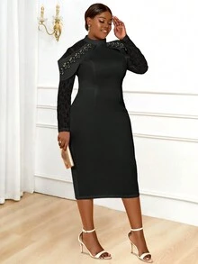 Plus Floral Embroidery Mock Neck Bodycon Cocktail Dress - Black - View 3