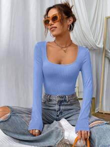 SHEIN EZwear 女款純色長袖修身圓領T恤 - 淺藍色 - 查看 4