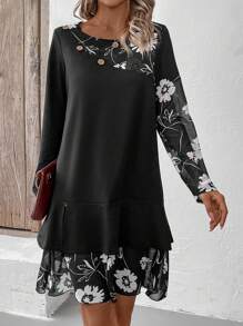 SHEIN LUNE 女用寬鬆休閒網眼花卉印花拼布連身裙 - 黑色 - 查看 5