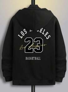 Manfinity Homme Loose Men's Hoodie With Printed Letters Black Los Angeles Graphic Long Sleeve Hoodie, For Friends, Husband, Boyfriend Gifts, Los Angeles Jersey, Men Hoodies, Hoodies For Men - Black - View 4