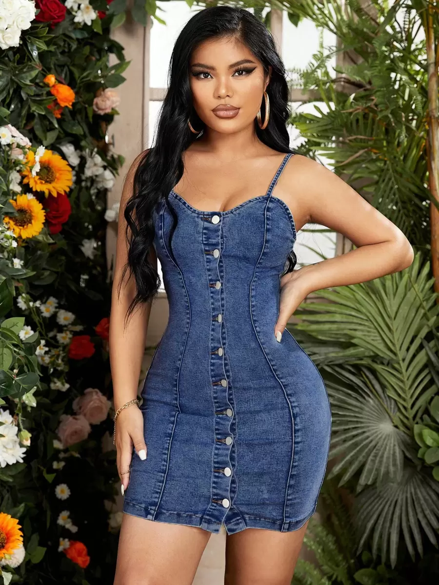 SHEIN SXY Vestido De Peto De Mezclilla Con Botones - Azul lavado oscuro - Ver 1