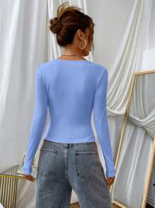 SHEIN EZwear 女款純色長袖修身圓領T恤 - 淺藍色 - 查看 2