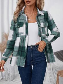 SHEIN Essnce 女款格紋荷葉邊襯衫領夾克 - 軍綠色 - 查看 3