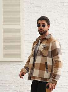 Manfinity Homme Men's Loose Fit Plaid Shirt-Style Overcoat - Khaki - View 7