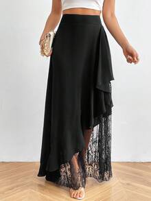 SHEIN Privé 女蕾絲側幅鬱金香下擺荷葉邊 A 字裙 - 黑色 - 查看 3