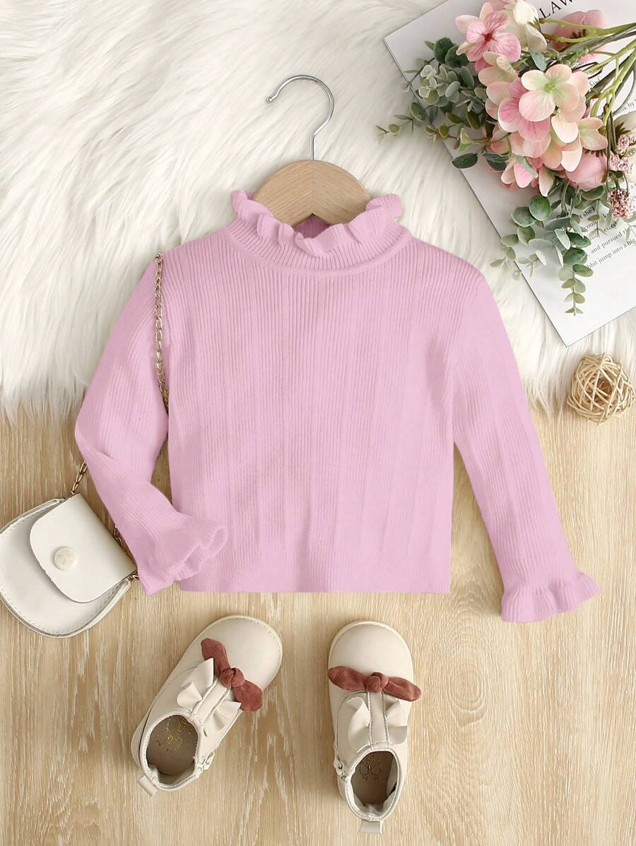 SHEIN Baby Girls' Cute Round Neck Pullover Sweater, Long Sleeve - Baby Pink - View 1