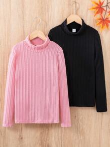 SHEIN Cô gái Tay áo dài Áo cao cổ Áo thun Với Co giãn Thoải mái , 2 Miếng - Hồng - Xem 1