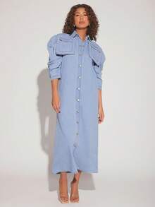 Denimoi Puff Sleeve Button Front Denim Dress - Blue - View 3