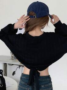 DAZY Màu thuần Vòng cổ Thả vai Giải trí Áo nỉ - màu đen - Xem 2