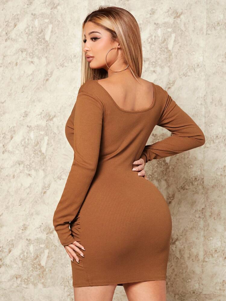 Women's Sexy Bodycon Mini Dress With Twisted Square Neckline, Khaki Color