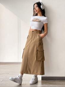 SHEIN EZwear 卡其色梭織女式工裝袋半身裙 - 卡其色 - 查看 5