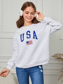 RueChic Teen Girls Usa Flag Printed Drop Shoulder Sweatshirt - White - View 5