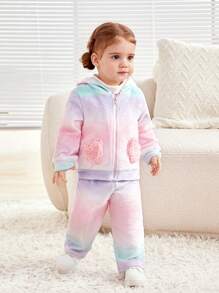 SHEIN Trẻ sơ sinh Cô gái Giải trí Macaron Màu sắc Lông cừu áo có mũ Áo khoác & Quần Bộ Với Hình trái tim Túi - Nhiều màu - Xem 1