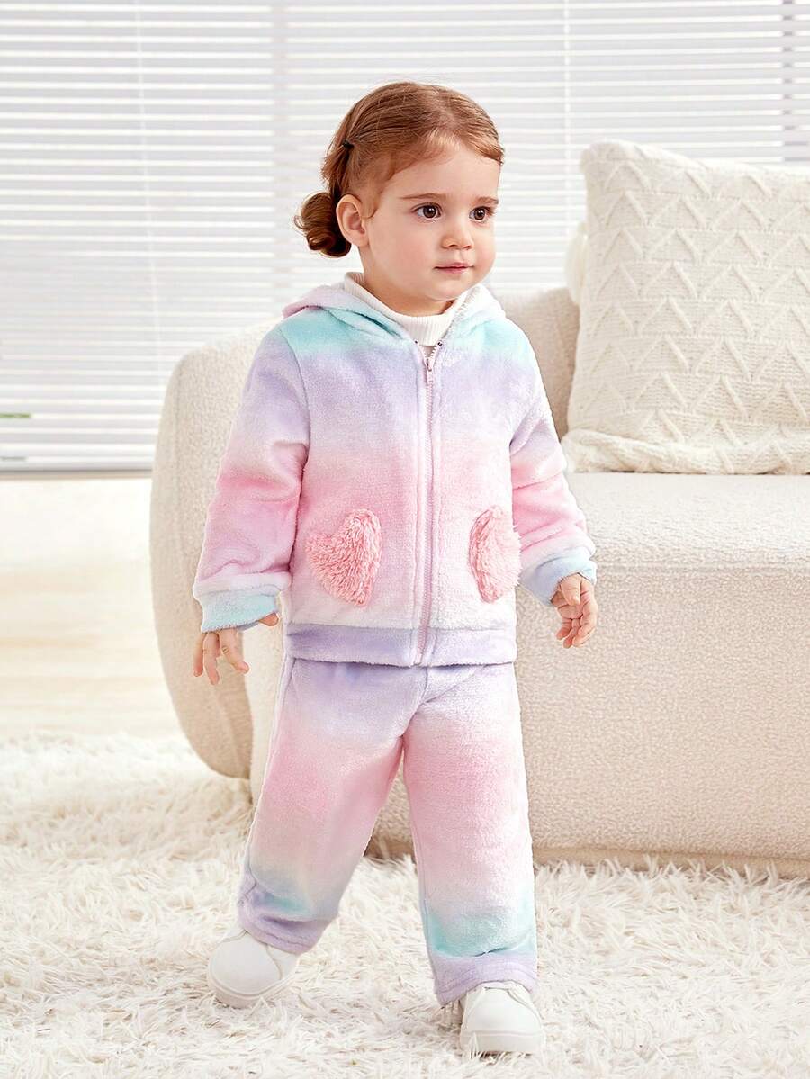 SHEIN Trẻ sơ sinh Cô gái Giải trí Macaron Màu sắc Lông cừu áo có mũ Áo khoác & Quần Bộ Với Hình trái tim Túi - Nhiều màu - Xem 1