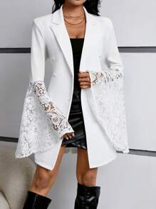 SHEIN Privé Phong cách Preppy Mảnh Lace Bùng nổ Tay áo Đôi ngực Váy blazer - trắng - Xem 3