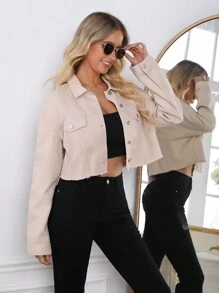 Áo khoác denim ngắn lót nhiệt có túi giả - Màu Khaki - Xem 4