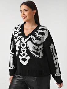 SHEIN Unity Suéter De Talla Grande De Esqueleto Impreso, Holgado, Con Cuello En V Y Hombros Caídos - Blanco y Negro - Ver 3