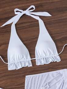 SHEIN Swim 白色吊带三角杯比基尼套装带罩裙婚礼，适合夏季海滩度假 - 白色 - 查看 5