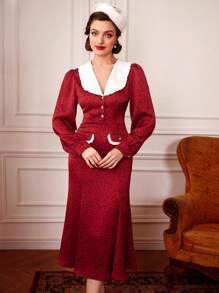 SHEIN DECDS Vintage & Elegant Women'S Bodycon Dress With Large Collar And Mermaid Hem For Autumn/Winter - Red - View 1