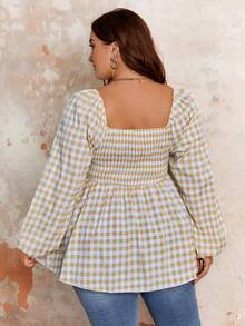 SHEIN Franclia Kích thước lớn Cổ áo vuông Tay áo lồng đèn Áo sơ mi - Màu Khaki - Xem 2