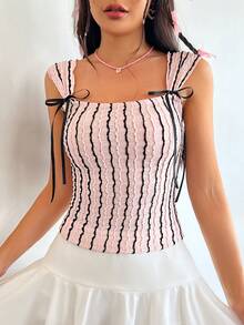 SHEIN EZwear 女士帶有蝴蝶結裝飾的條紋上衣 - 彩色 - 查看 4